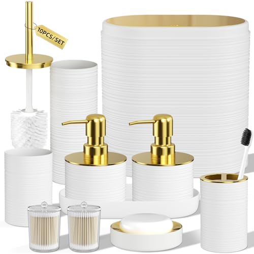 10-Piece Bathroom Accessory Set with Trash Can, White and Gold Organizer