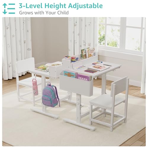 Height Adjustable Kids Desk and Chair Set with Storage for Study and Homework