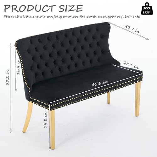 Velvet Upholstered Dining Bench with Back, 46-inch Tufted Loveseat with Gold Legs