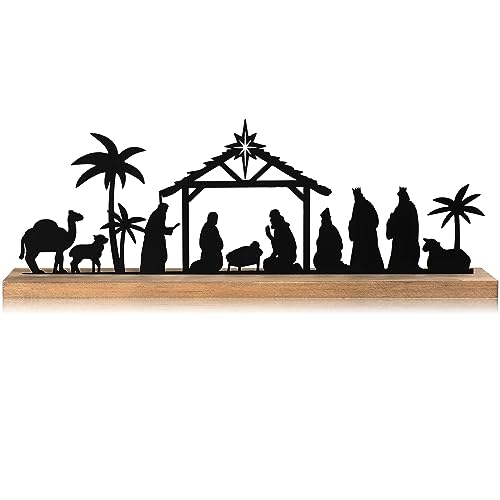 Black Metal Nativity Scene Display with Wood Base for Christmas Table Decor
