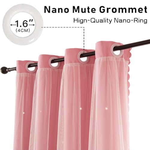 Pink Blackout Curtains with Star Cutouts, 63-Inch Double Layer Nursery Drapes