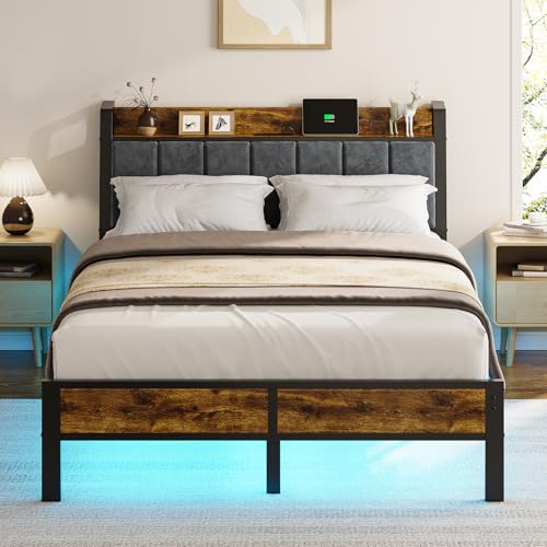 Full Size Platform Bed Frame with LED Lights and Charging Station