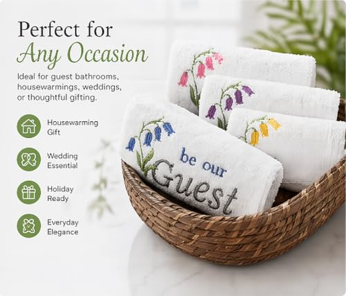 Embroidered Cotton Washcloths - 13x13 Inch Guest Towels, Set of 4