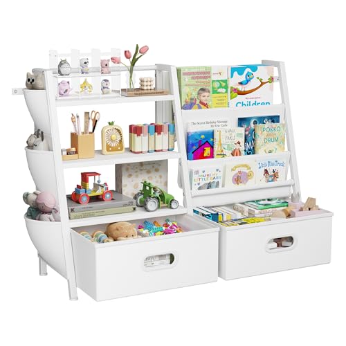 Kids Bookshelf and Toy Storage Organizer with 2 Bins, 3-Tier White Wood