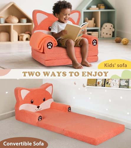 2-in-1 Foldable Toddler Couch with Blanket - Cute Fox Plush Sofa Chair