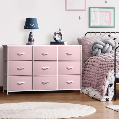 9-Drawer Fabric Dresser with Wood Top, Pink Storage Chest for Bedroom Nursery