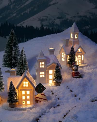 Lighted White Ceramic Christmas Village Houses with Trees - 3-Piece Set