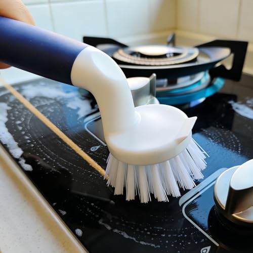 2-Pack Kitchen Dish Brush with Handle & Built-In Scraper for Sink & Tile