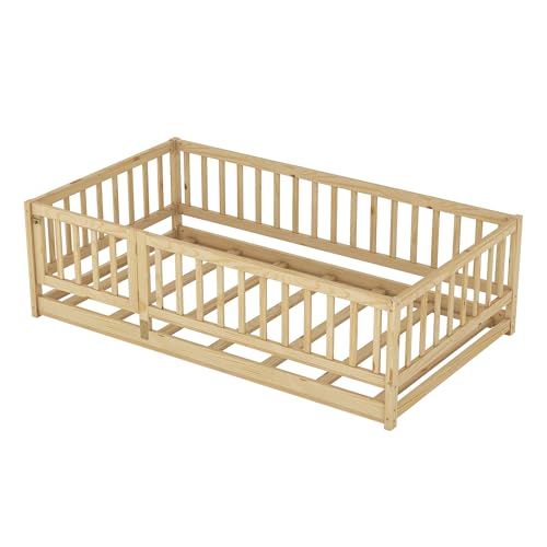 Twin Size Montessori Floor Bed with Safety Rails and Door, Pine Wood