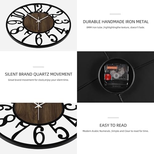 13-Inch Silent Round Wall Clock, Modern Black Metal and Wood Farmhouse Decor
