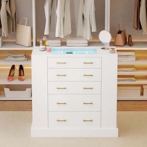 White Closet Island with Glass Top, LED Lights and Jewelry Storage Drawers