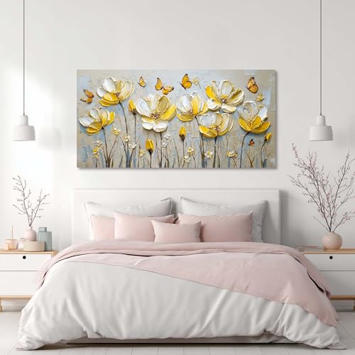 Yellow Floral Butterfly Canvas Wall Art Decor for Bedroom and Office