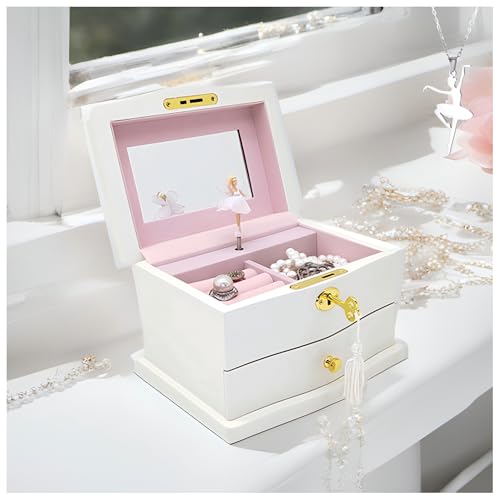 Wooden Musical Jewelry Box with Spinning Ballerina, Mirror and 2 Drawers