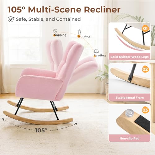 Teddy Upholstered Nursery Rocking Chair - High Back Glider Rocker, Pink