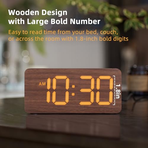 Wooden Digital Alarm Clock - Dimmable Display, Dual Alarms & USB Port