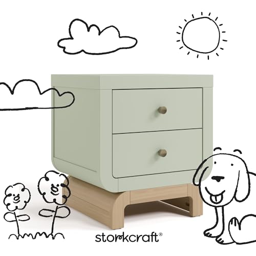 2-Drawer Nightstand with Curved Base, Sage and Driftwood Finish