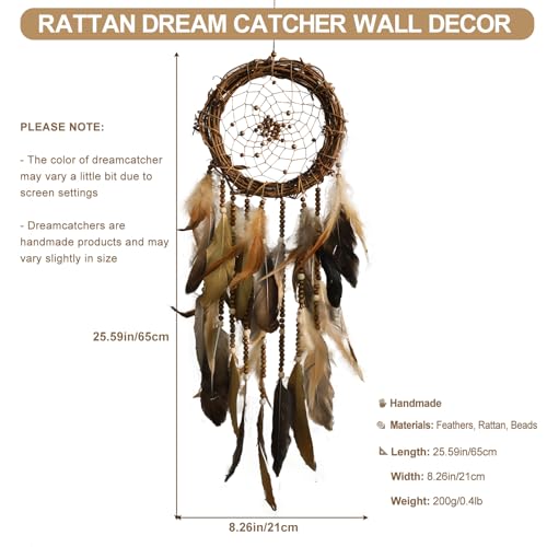 Boho Rattan Dream Catcher Wall Decor with Feathers and Wood Beads