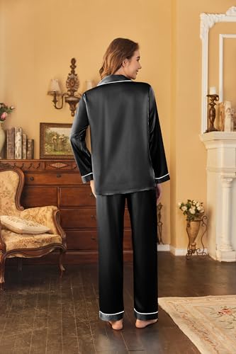 Ekouaer Black Satin Silk Pajamas for Women Small Button-Down Long Sleeve Set