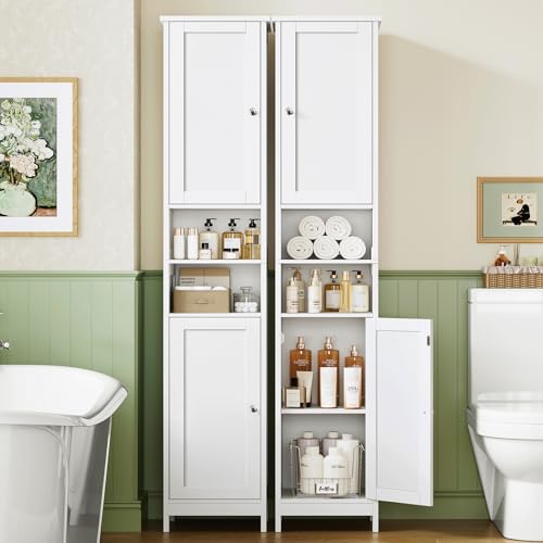 TEENFON 67-Inch White Bathroom Storage Cabinet with 2 Doors, Adjustable Shelves, Narrow Design