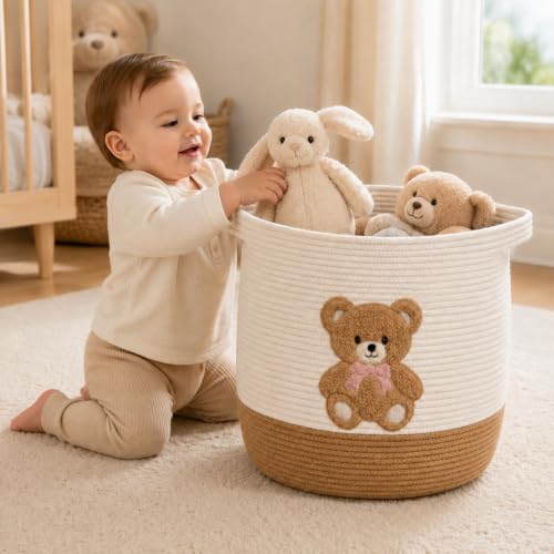 Large Teddy Bear Cotton Rope Nursery Storage Basket - 15.7" x 17"