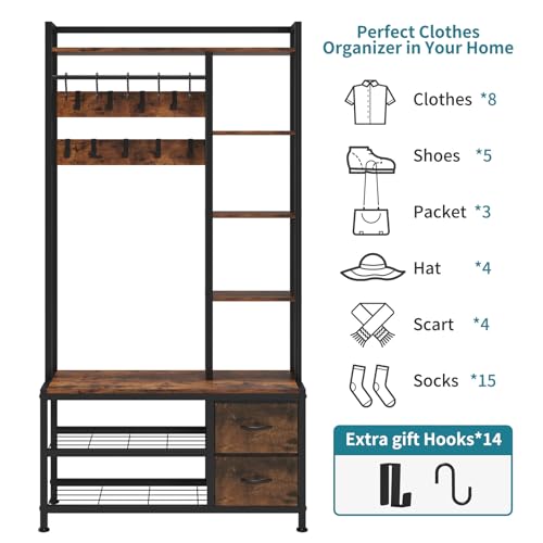 6-in-1 Entryway Hall Tree with Storage Bench, Drawers, Shelves, and Coat Rack