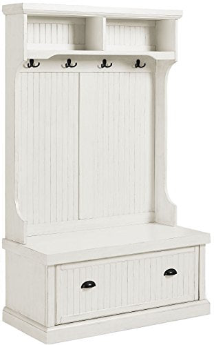 Crosley Furniture Seaside Hall Tree with Shoe Storage - Distressed White Entryway Bench