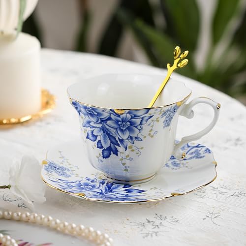 Harahiko Blue Country Roses Porcelain Tea Cup and Saucer Set with Gold Trim - Vintage Style, 8.5oz