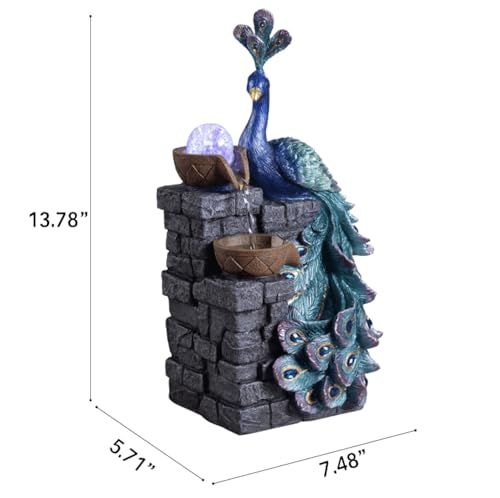 Peacock Tabletop Water Fountain with LED Color Changing Globe 14-inch