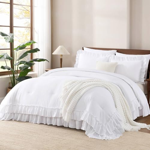 White Ruffle Queen Comforter Set - 3 Piece All-Season Bedding Set