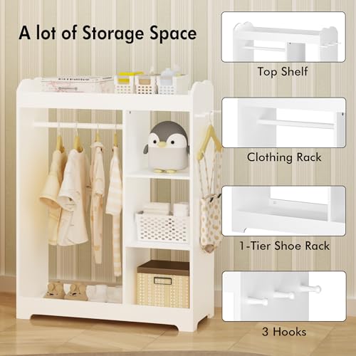 Kids Dress Up Storage Rack with Mirror, Hanging Rod, and Shelves - White