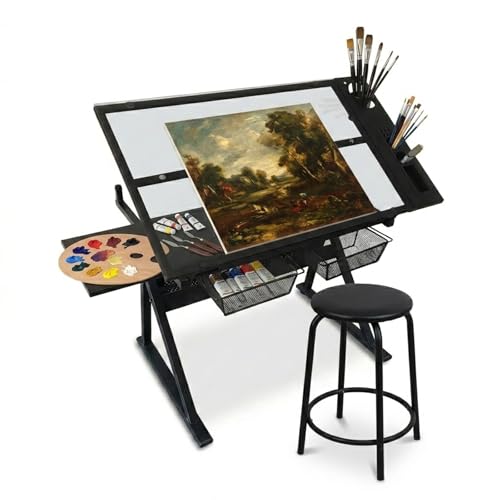 Adjustable Drafting Table with Stool, Tiltable Glass Top Art Workstation