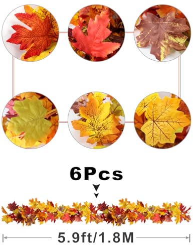 Artificial Fall Maple Leaf Garland 6 Pack (5.9 Ft) with Hooks - Autumn Decor