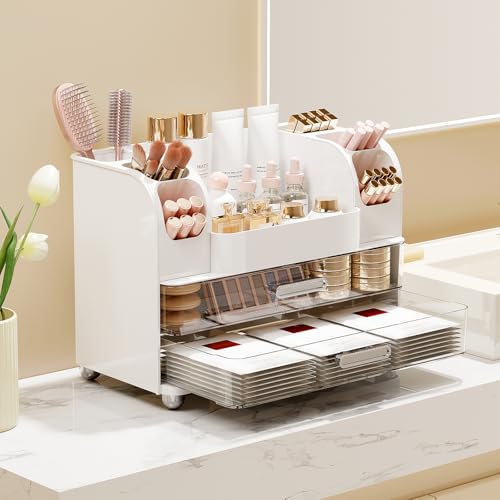 UFORU White Makeup Organizer with 2 Large Drawers & Brush Holders