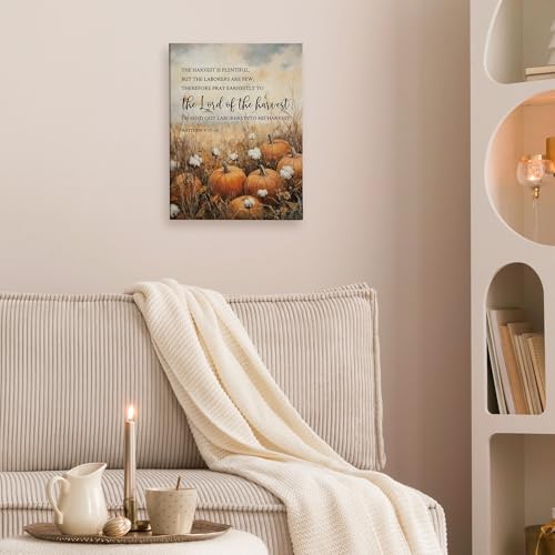 Rustic Fall Pumpkin Canvas Wall Art, Christian Bible Verse Autumn Decor 11x15