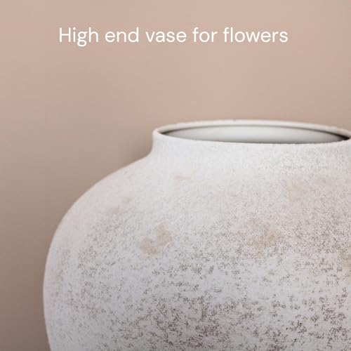 Rustic White Round Ceramic Vase - 11 Inch Textured Table Centerpiece Decor