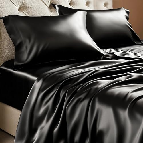 BEDELITE Satin Sheets Queen Size Bed Set Black 4-Piece Silky Cooling