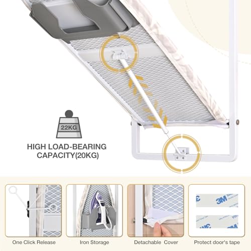 Over-the-Door Ironing Board with Iron Storage, 36 x 12 Inch Foldable Board