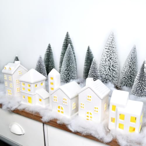 White Ceramic Christmas Village Set - 5 Houses, 9 Mini Trees & Snow