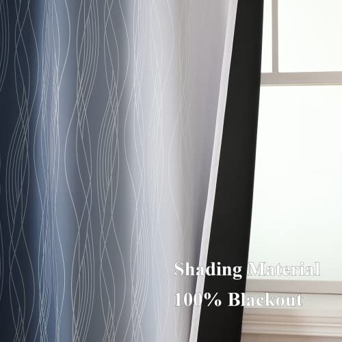 Navy Blue Ombre 100% Blackout Curtains, Thermal Grommet Drapes (52" x 84", 2 Panels)