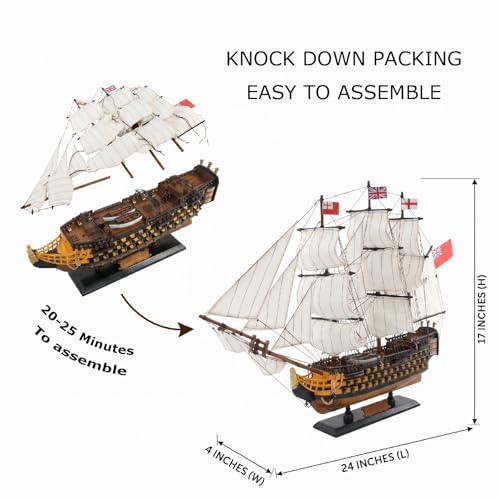 HMS Victory Model Ship, 24-Inch Handcrafted Wooden Naval Warship Display