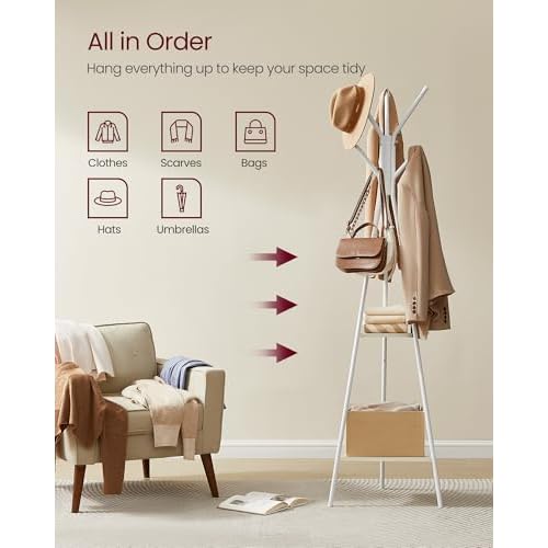 VASAGLE Coat Rack Freestanding, Coat Hanger Stand, Hall Tree with 2 Shelves, for Clothes, Hat, Bag, Industrial Style, Natural Beige and Pearl White URCR016N01