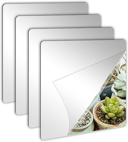 4 Pack Self-Adhesive Acrylic Mirror Tiles, 8x8 Inch Flexible Wall Sheets