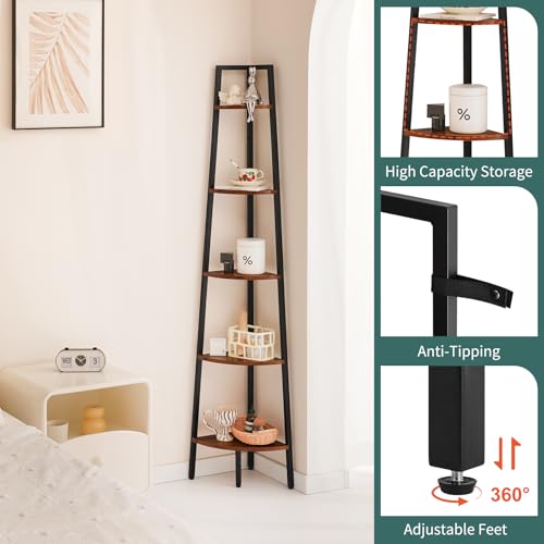 5-Tier Corner Bookshelf, 67.5" Tall Industrial Ladder Display Shelf