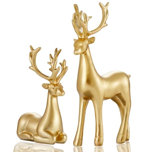 LULU Deer 2-Piece Gold Resin Reindeer Figurines for Christmas Home Decor