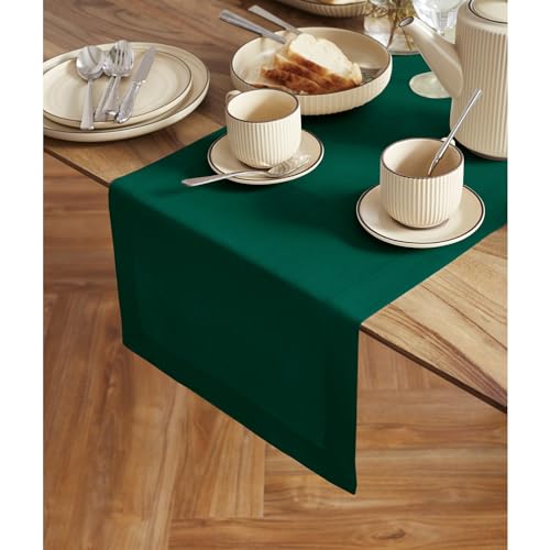 Solino Home 100% Linen Table Runner Dark Green 14 x 120 Inches - Elegant Dining Decor