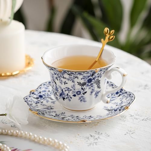TATSUMI Blue Bone China Tea Cup & Saucer Set - Vintage Floral 3-Piece Gift