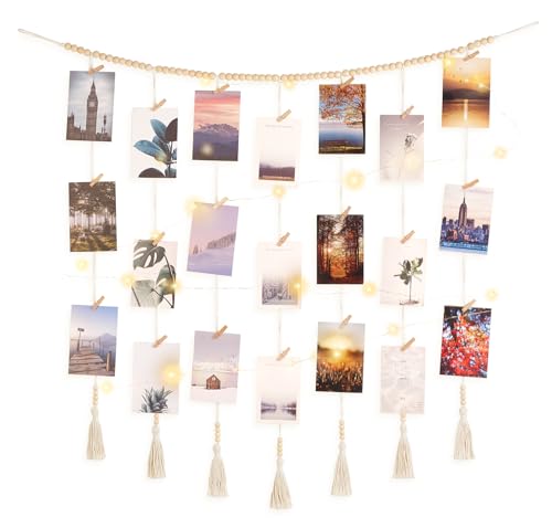 Macrame Wall Hanging Photo Display with 45 Clips and Wood Beads Garland