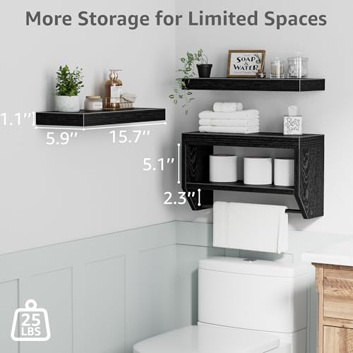 Floating Bathroom Wall Shelves - 16-Inch Wood Farmhouse Storage Set of 3
