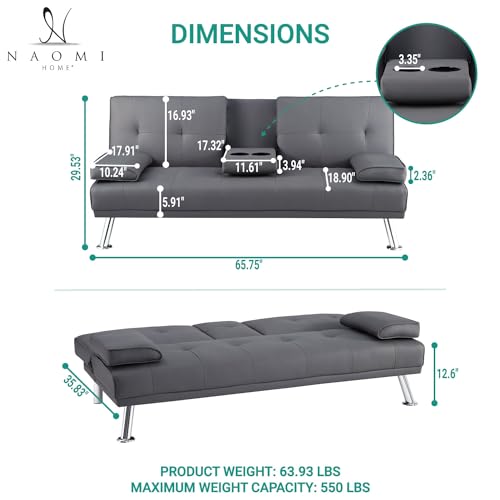 Convertible Faux Leather Futon Sofa Bed with Cupholders and Armrests