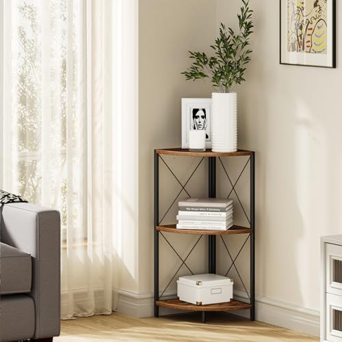 3-Tier Rustic Corner Shelf, Industrial Freestanding Storage Organizer